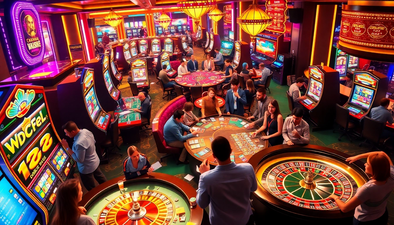 A lively casino environment showcasing players enjoying slots and poker, highlighting the excitement of https://www.222bd.app/.