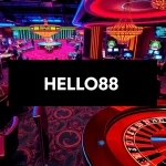 Experience premier gambling action at HELLO88 with exciting casino tables, poker chips, and roulette wheels.