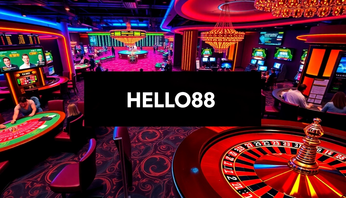 Experience premier gambling action at HELLO88 with exciting casino tables, poker chips, and roulette wheels.