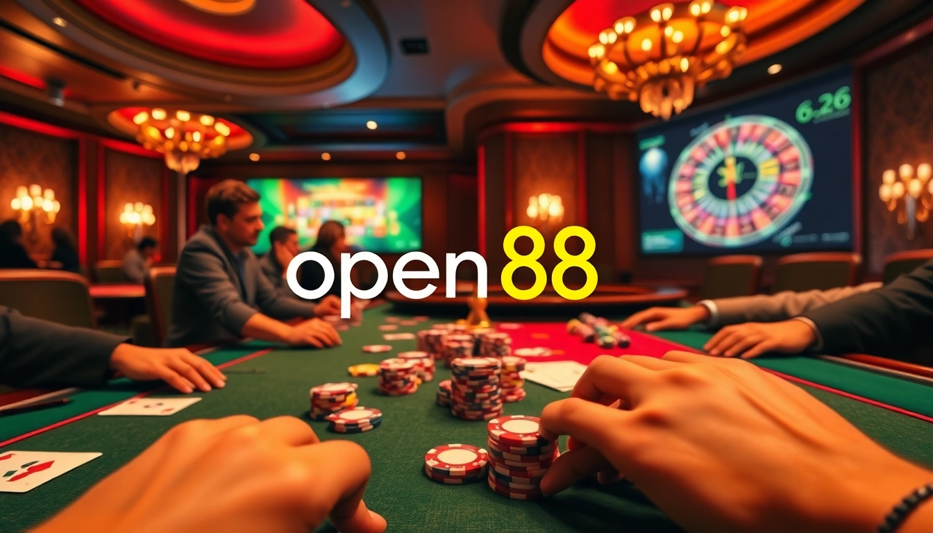 Experience the excitement of "open 88" at a vibrant poker table with engaging players and glimmering chips.